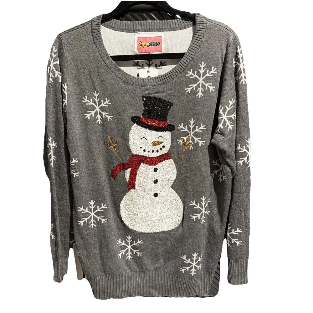NWT Tipsy Elves Women's Sequined Snow Day Sweater Large Ugly Christmas Gray
